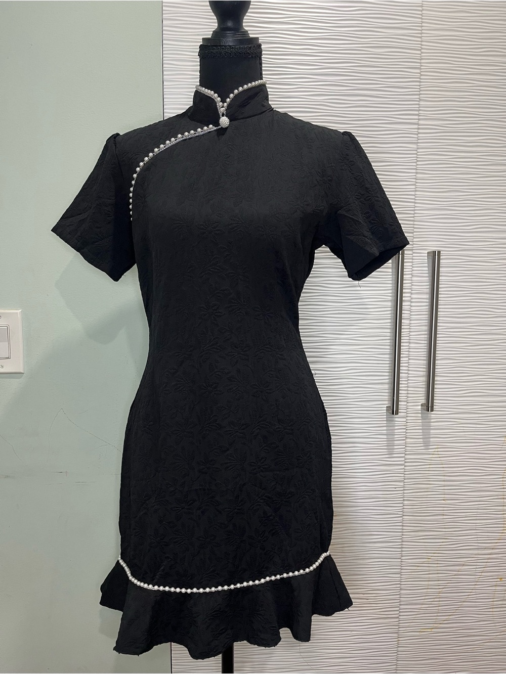Pearl-Trim Black Short Cheongsam Dress
